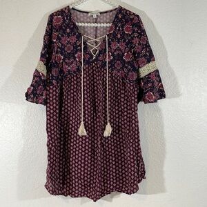 TASSELS N LACE Bohemian Floral Tunic V-Neck Dress Size Medium